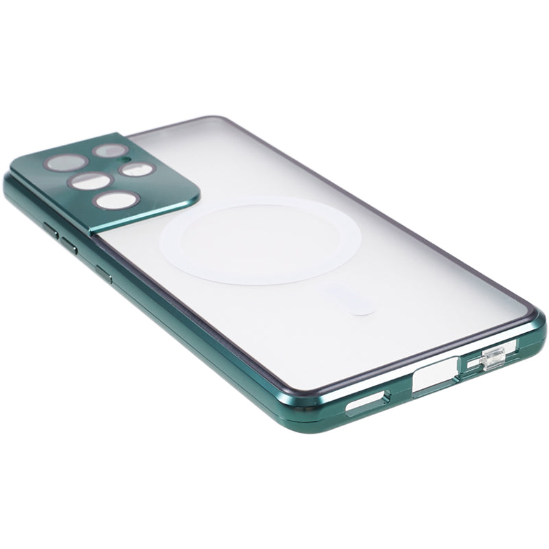 For Samsung Galaxy S21 Ultra 5G Magnetic Phone Case Metal Frame Tempered Glass Matte PC Phone Cover