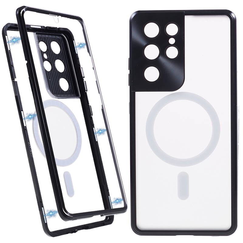 For Samsung Galaxy S21 Ultra 5G Magnetic Phone Case Metal Frame Tempered Glass Matte PC Phone Cover