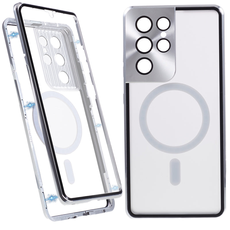 For Samsung Galaxy S21 Ultra 5G Magnetic Phone Case Metal Frame Tempered Glass Matte PC Phone Cover
