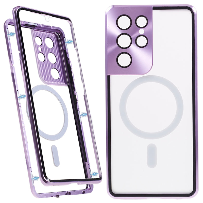 For Samsung Galaxy S21 Ultra 5G Magnetic Phone Case Metal Frame Tempered Glass Matte PC Phone Cover