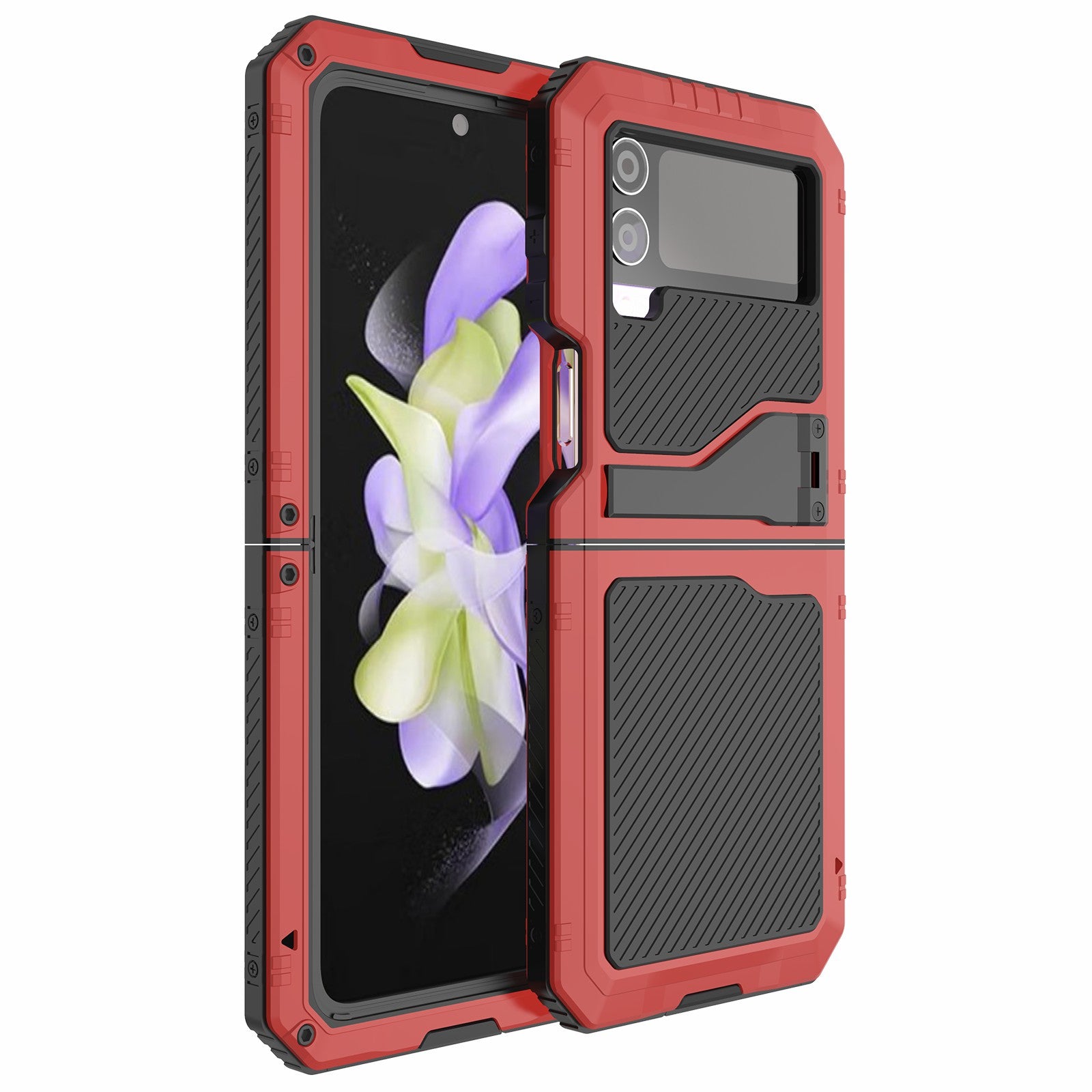 For Samsung Galaxy Z Flip4 5G Kickstand Tough Armour Cover Aluminium Alloy Silicone Shockproof Phone Case with Small Screen Protector