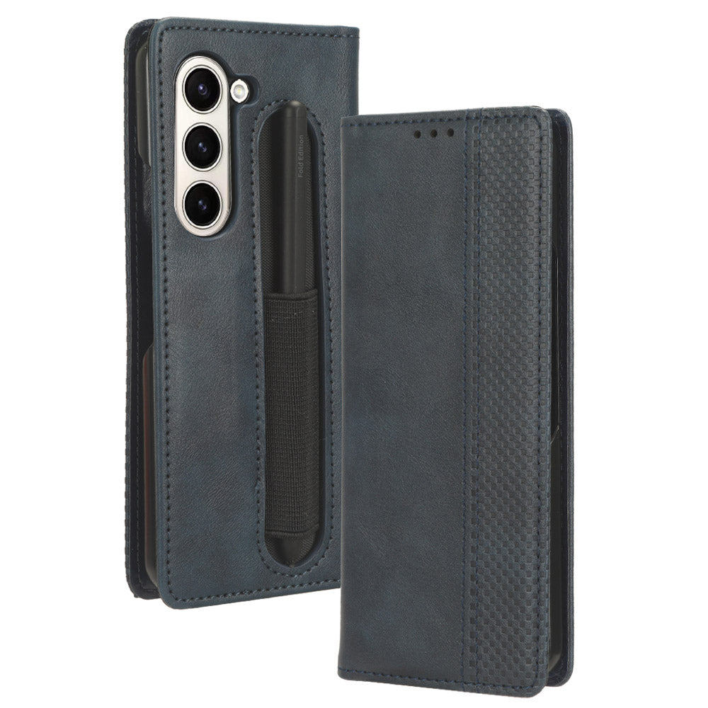 Stand Phone Case for Samsung Galaxy Z Fold5 5G Retro PU Leather Phone Cover with Pen Slot