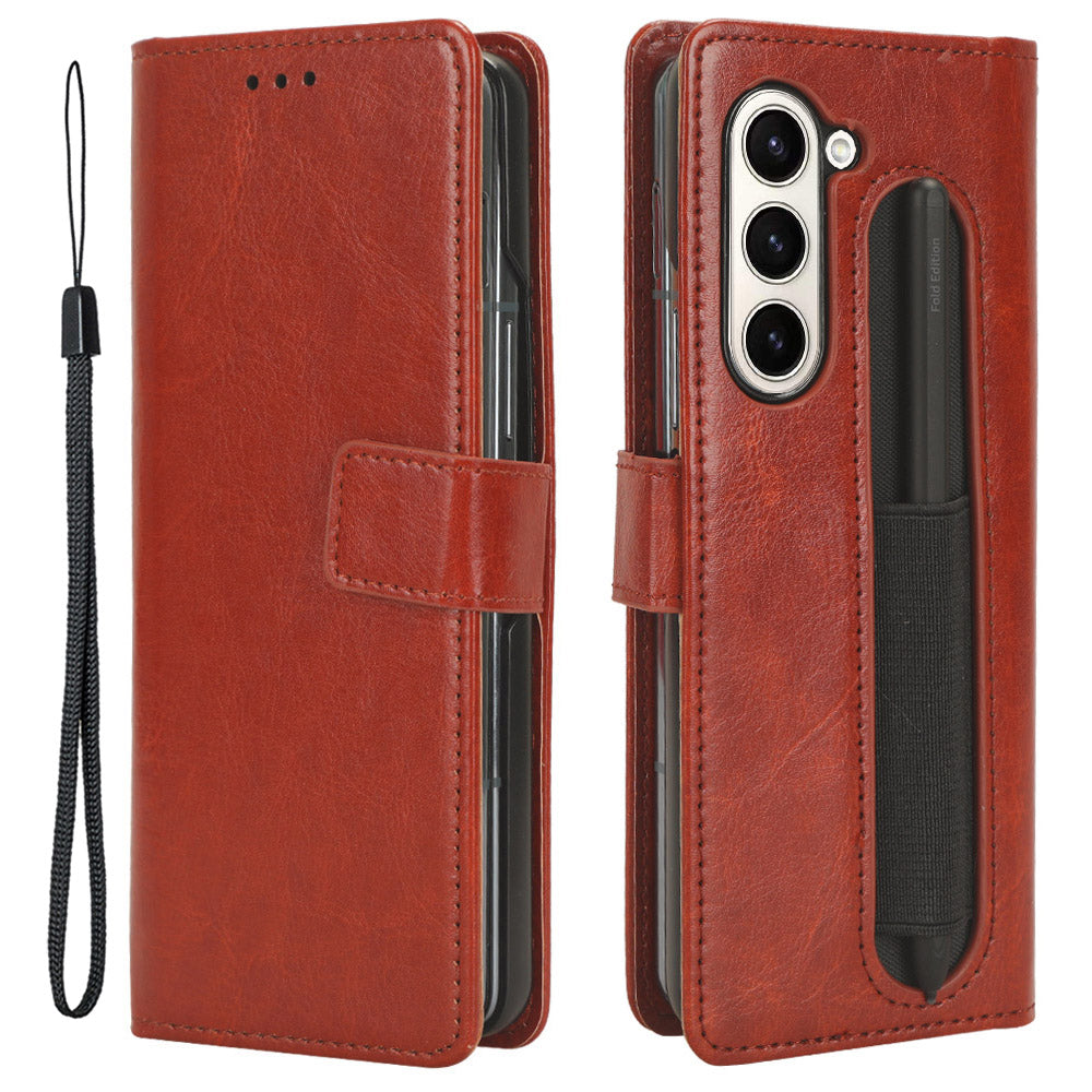Phone Cover for Samsung Galaxy Z Fold5 5G Leather Wallet Crazy Horse Texture Stand Case with Pen Slot