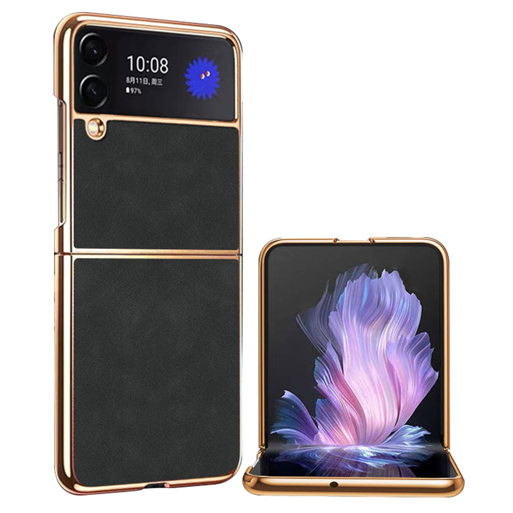For Samsung Galaxy Z Flip4 5G Electroplated Textured PU Leather Coated PC Folding Phone Cover Ultra Thin Case