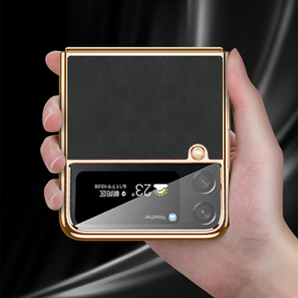 For Samsung Galaxy Z Flip4 5G Electroplated Textured PU Leather Coated PC Folding Phone Cover Ultra Thin Case