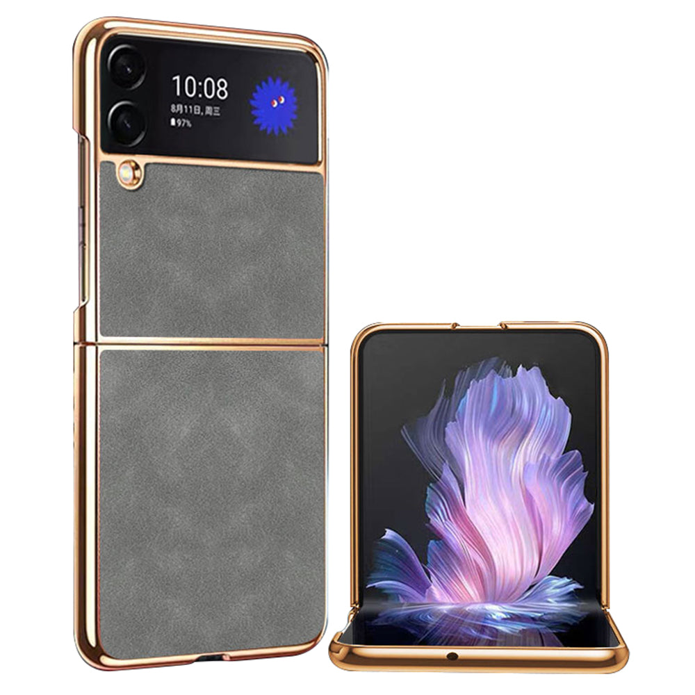 For Samsung Galaxy Z Flip4 5G Electroplated Textured PU Leather Coated PC Folding Phone Cover Ultra Thin Case