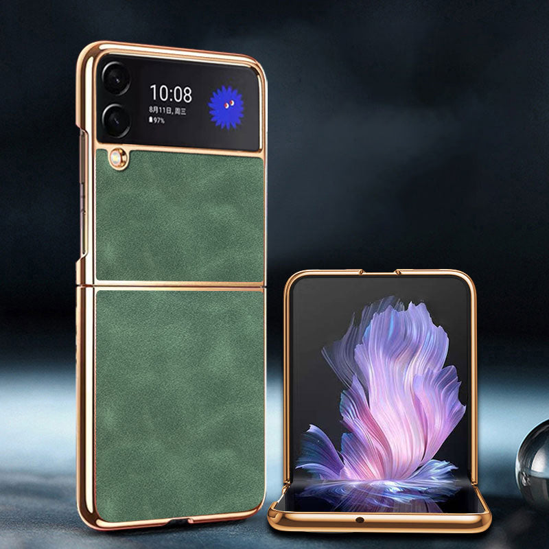 For Samsung Galaxy Z Flip4 5G Electroplated Textured PU Leather Coated PC Folding Phone Cover Ultra Thin Case