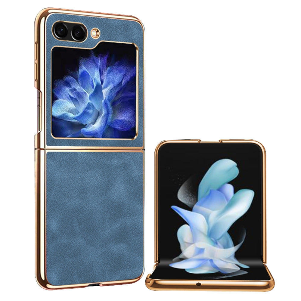 For Samsung Galaxy Z Flip5 5G Textured PU Leather Coated PC Folding Phone Cover Ultra Thin Electroplated Case