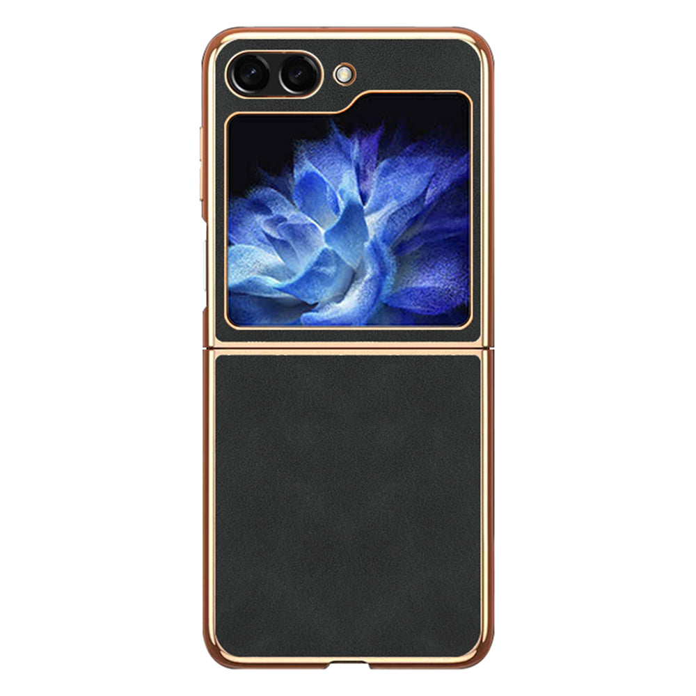 For Samsung Galaxy Z Flip5 5G Textured PU Leather Coated PC Folding Phone Cover Ultra Thin Electroplated Case