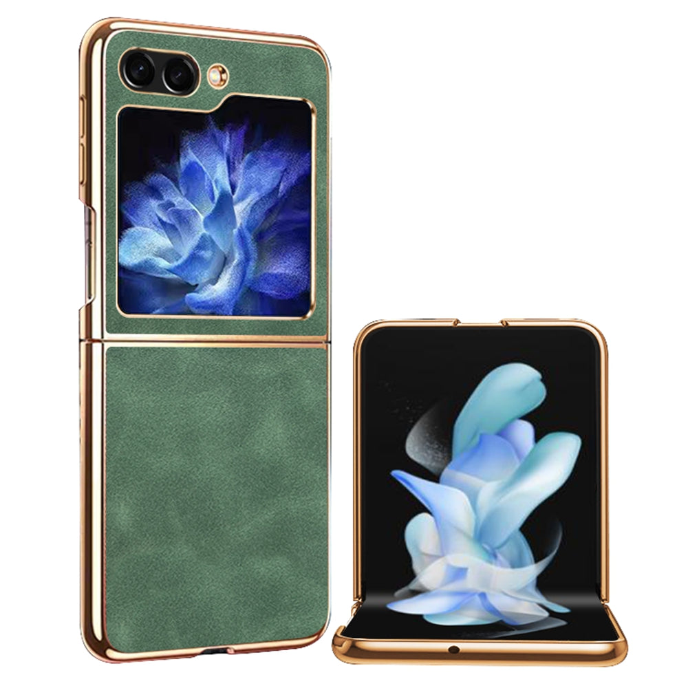 For Samsung Galaxy Z Flip5 5G Textured PU Leather Coated PC Folding Phone Cover Ultra Thin Electroplated Case