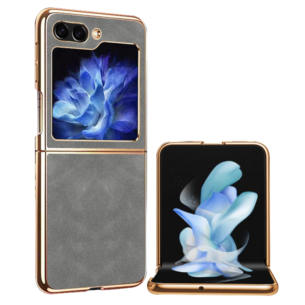 For Samsung Galaxy Z Flip5 5G Textured PU Leather Coated PC Folding Phone Cover Ultra Thin Electroplated Case