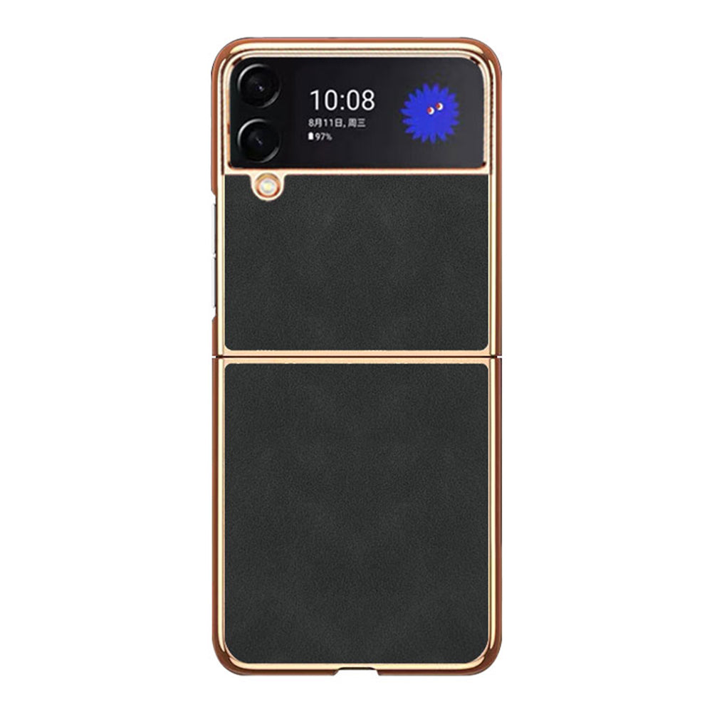 For Samsung Galaxy Z Flip3 5G Anti-drop Textured PU Leather Coated PC Folding Phone Cover Ultra Thin Electroplated Case
