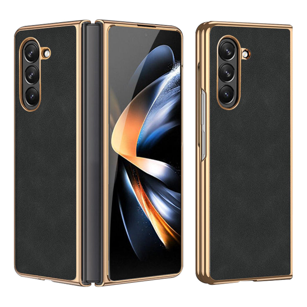 For Samsung Galaxy Z Fold5 5G Fall Proof Textured PU Leather Coated PC Folding Phone Cover Ultra Thin Electroplated Case