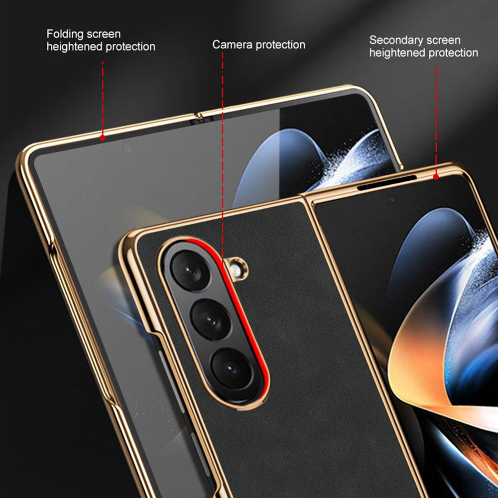 For Samsung Galaxy Z Fold5 5G Fall Proof Textured PU Leather Coated PC Folding Phone Cover Ultra Thin Electroplated Case