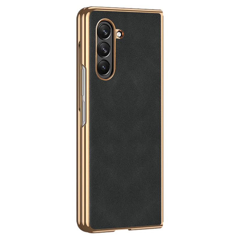 For Samsung Galaxy Z Fold5 5G Fall Proof Textured PU Leather Coated PC Folding Phone Cover Ultra Thin Electroplated Case