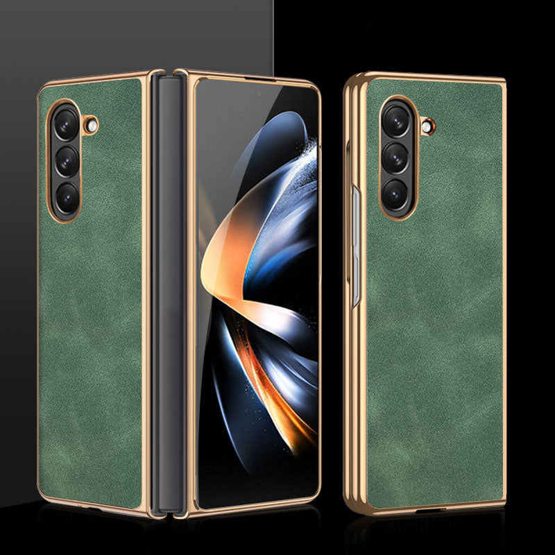 For Samsung Galaxy Z Fold5 5G Fall Proof Textured PU Leather Coated PC Folding Phone Cover Ultra Thin Electroplated Case