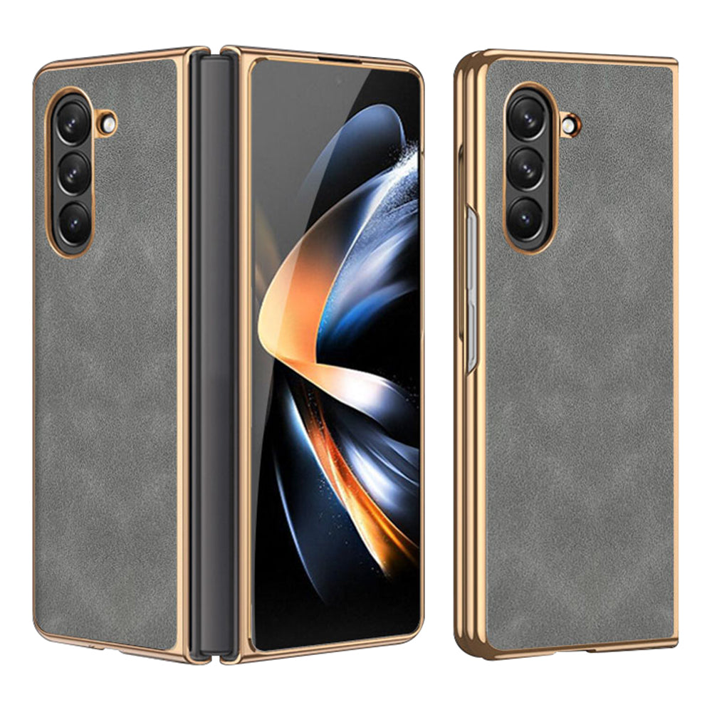 For Samsung Galaxy Z Fold5 5G Fall Proof Textured PU Leather Coated PC Folding Phone Cover Ultra Thin Electroplated Case