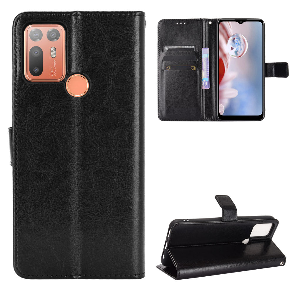 Phone Stand Cover Wallet Shell Crazy Horse Leather Skin with Strap for HTC Desire 20 Plus - Black