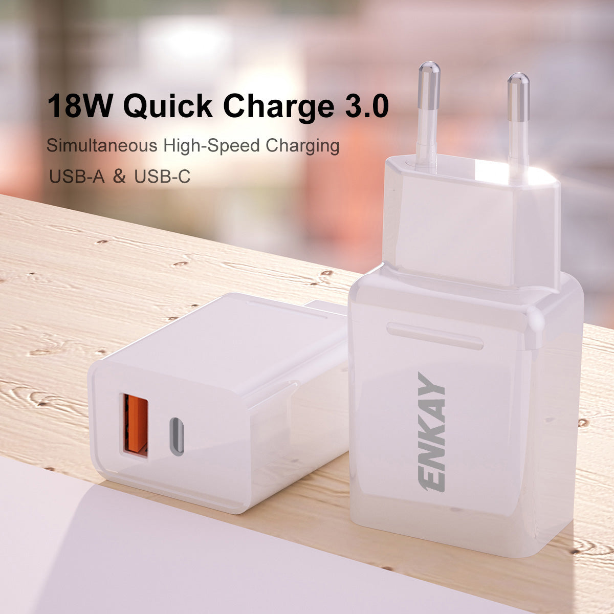 Hat-Prince ENKAY 18W 3A USB3.0 Type-C Dual Ports Power Adapter with 1m Type-C Charging Cable - EU Plug
