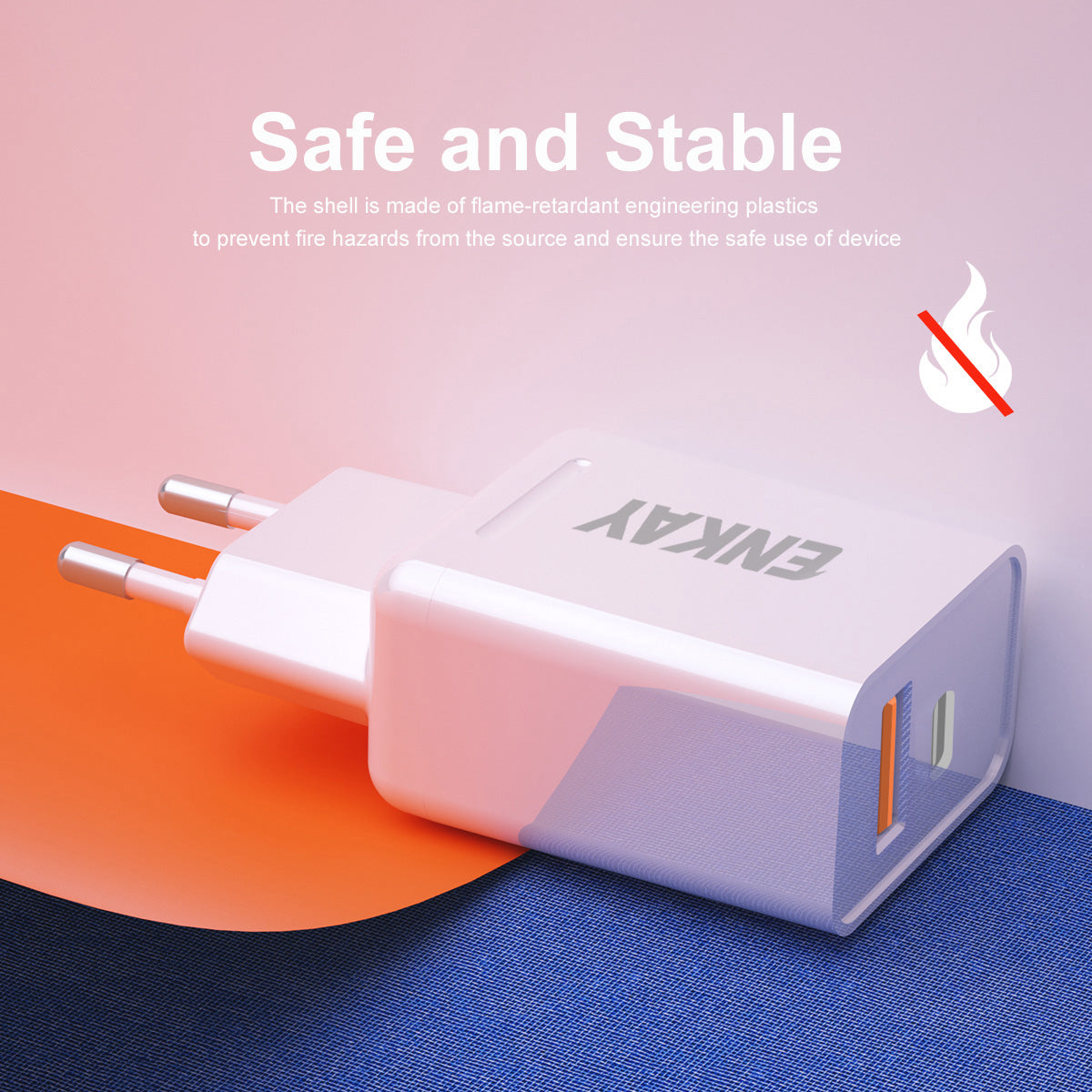 Hat-Prince ENKAY 18W 3A USB3.0 Type-C Dual Ports Power Adapter with 1m Type-C Charging Cable - EU Plug