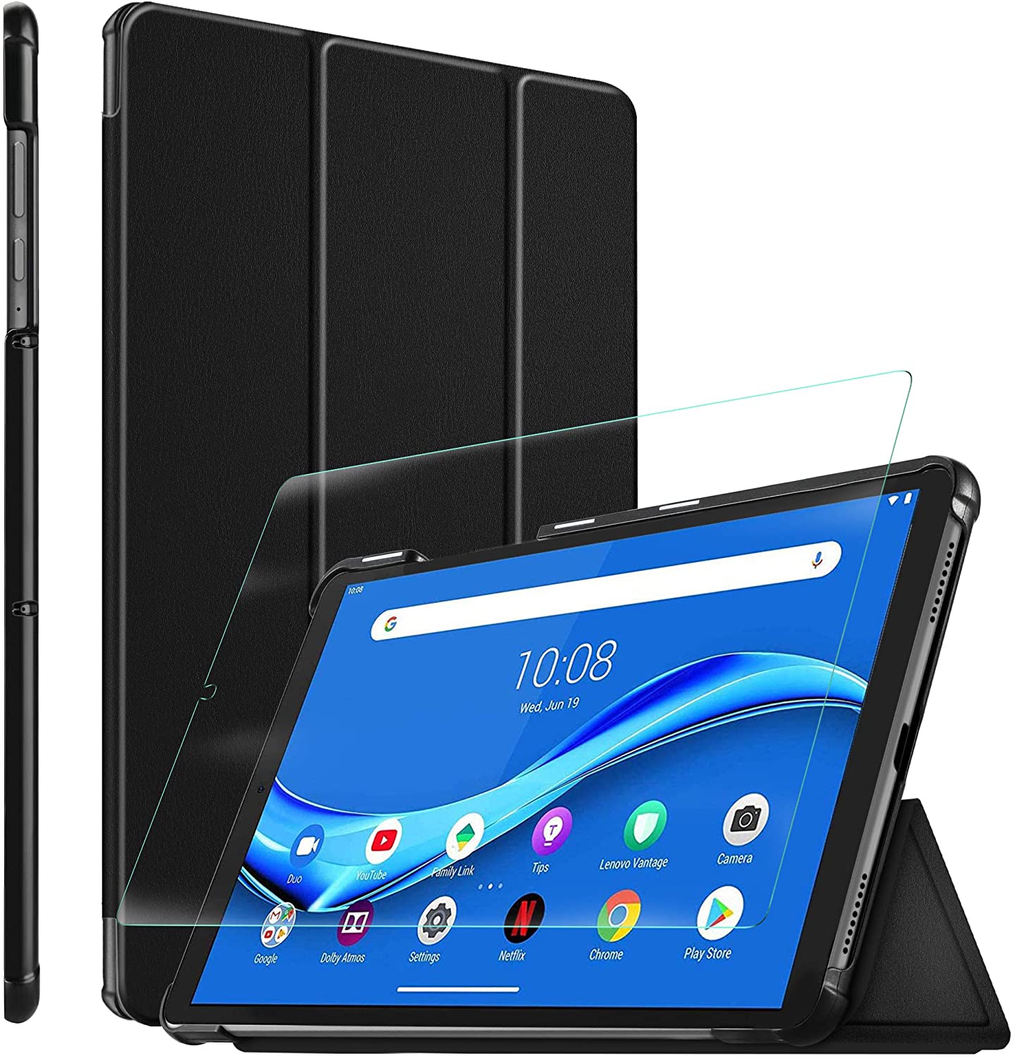 Tri-fold Stand PU Leather Protective Tablet Case Straight Edge Tempered Glass Film for Lenovo Tab M10 Plus