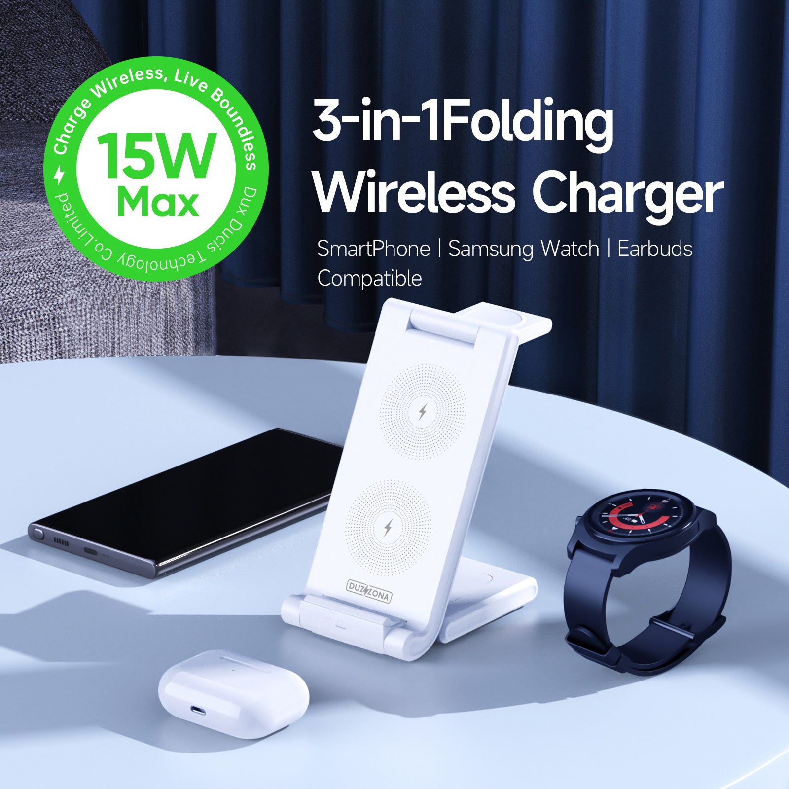 DUZZONA W10-S For Samsung Watch 3-in-1 Foldable 15W Wireless Charger Phone Earphone Smartwatch Qi Fast Charging Stand (CE/FCC/UKCA/ROHS)