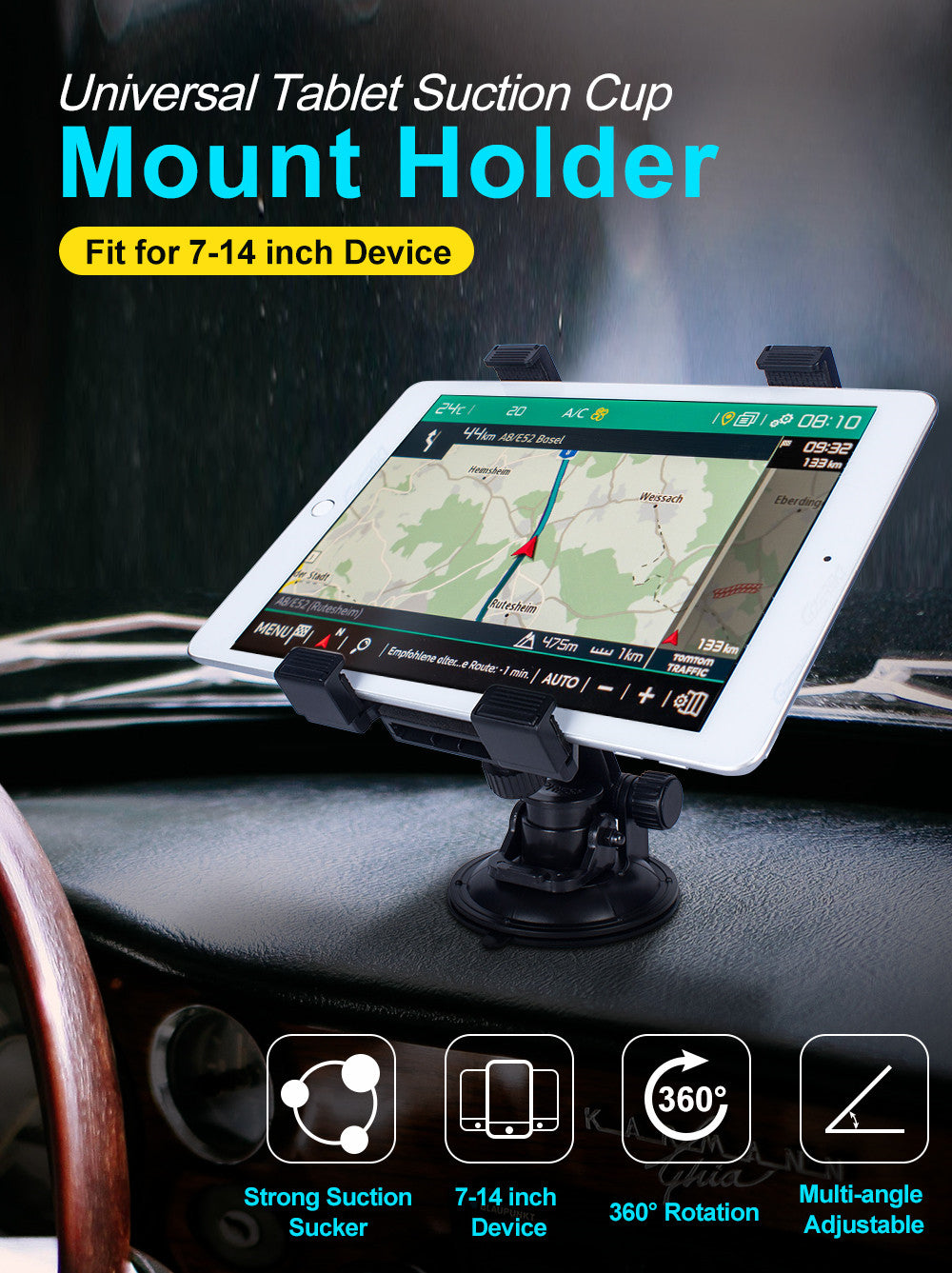 Car Dashboard Tablet Mount 360¡ã Rotation Windshield Suction Cup iPad Holder for 7-14inch Tablet