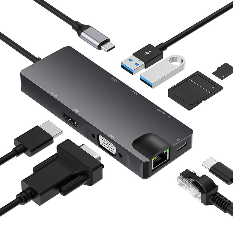 8 in 1 USB-C Hub Type C to RJ45/PD 100W Charging Port/HD/Card Reader/3.5mm Audio Jack/VGA/2x USB 3.0 Port Docking Station