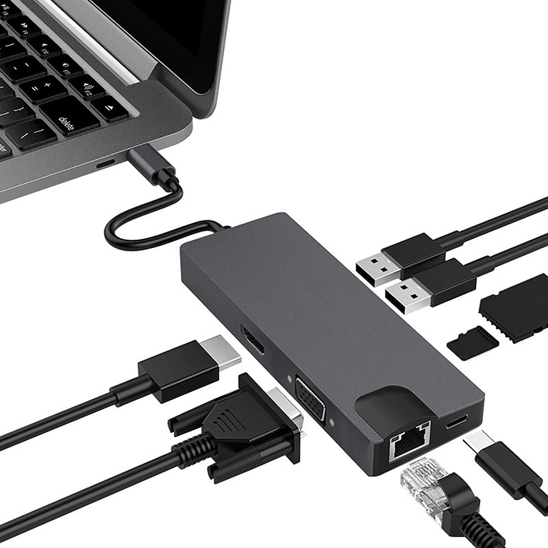 8 in 1 USB-C Hub Type C to RJ45/PD 100W Charging Port/HD/Card Reader/3.5mm Audio Jack/VGA/2x USB 3.0 Port Docking Station