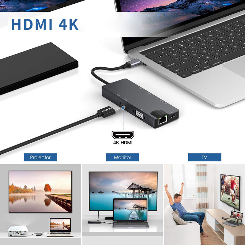 8 in 1 USB-C Hub Type C to RJ45/PD 100W Charging Port/HD/Card Reader/3.5mm Audio Jack/VGA/2x USB 3.0 Port Docking Station