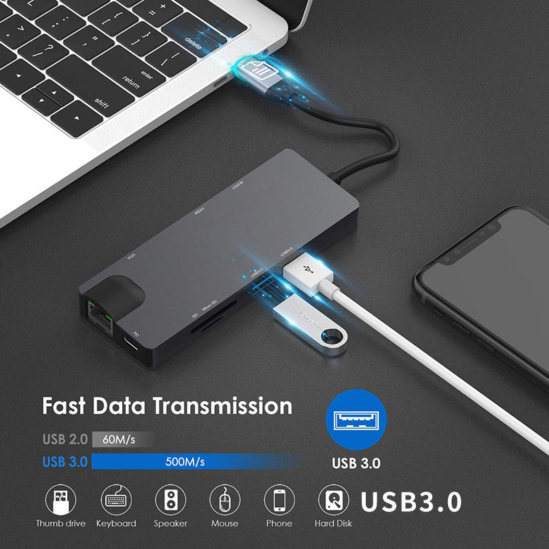 8 in 1 USB-C Hub Type C to RJ45/PD 100W Charging Port/HD/Card Reader/3.5mm Audio Jack/VGA/2x USB 3.0 Port Docking Station