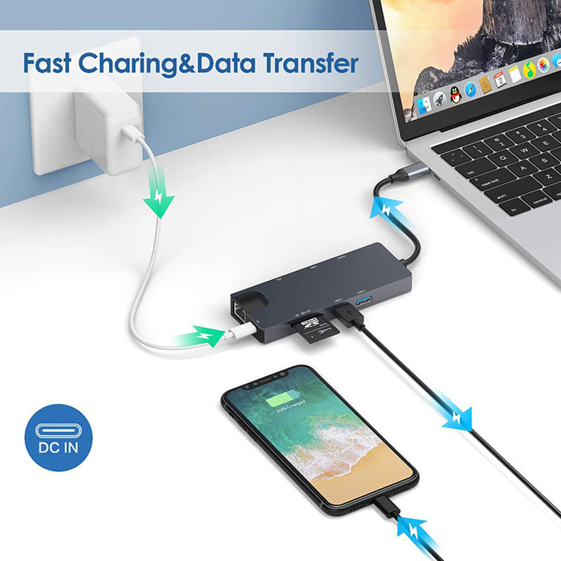 8 in 1 USB-C Hub Type C to RJ45/PD 100W Charging Port/HD/Card Reader/3.5mm Audio Jack/VGA/2x USB 3.0 Port Docking Station