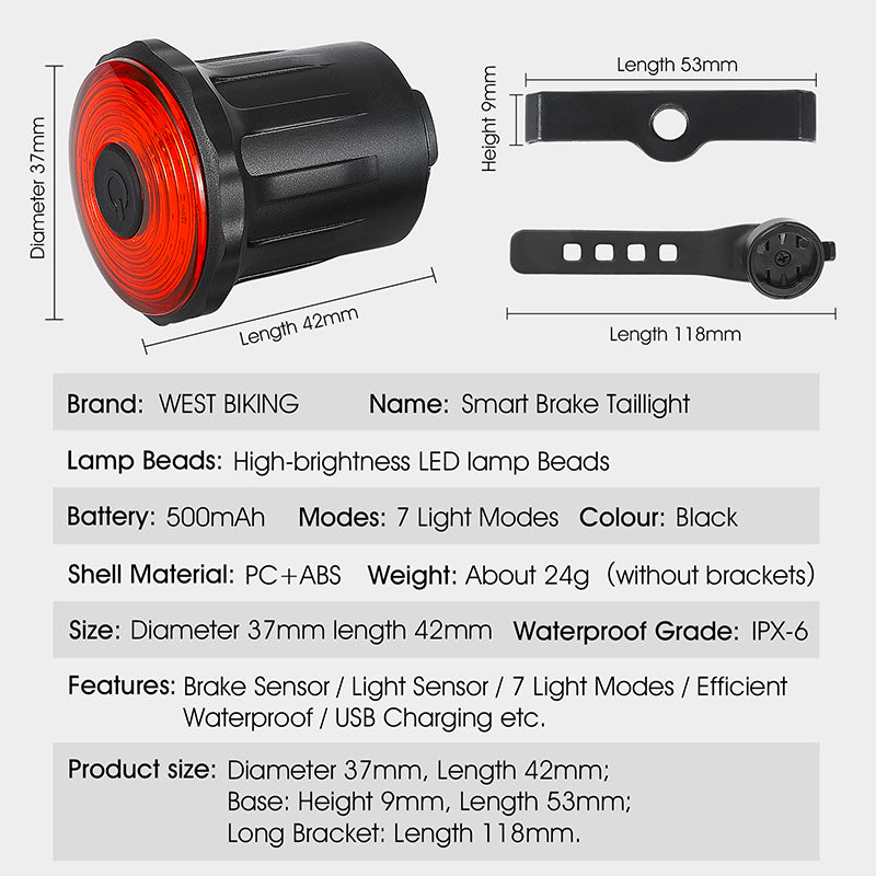 WEST BIKING YP0701317 Seat Cushion/Seat Post Mount USB Charging Bike LED Tail Light Waterproof Smart Brake Induction Cycling Warning Rear Lamp