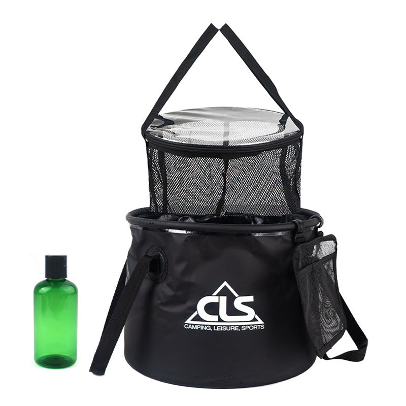 CLS 4Pcs Outdoor Drain Basket Set with Side Mesh Bag 220ml Bottle Portable Folding Bucket