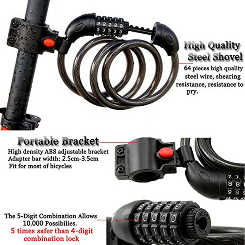 LG7101 125cm Bicycle Steel Cable 5 Digit Password Lock MTB Bike Scooter Anti-theft Combination Code Lock