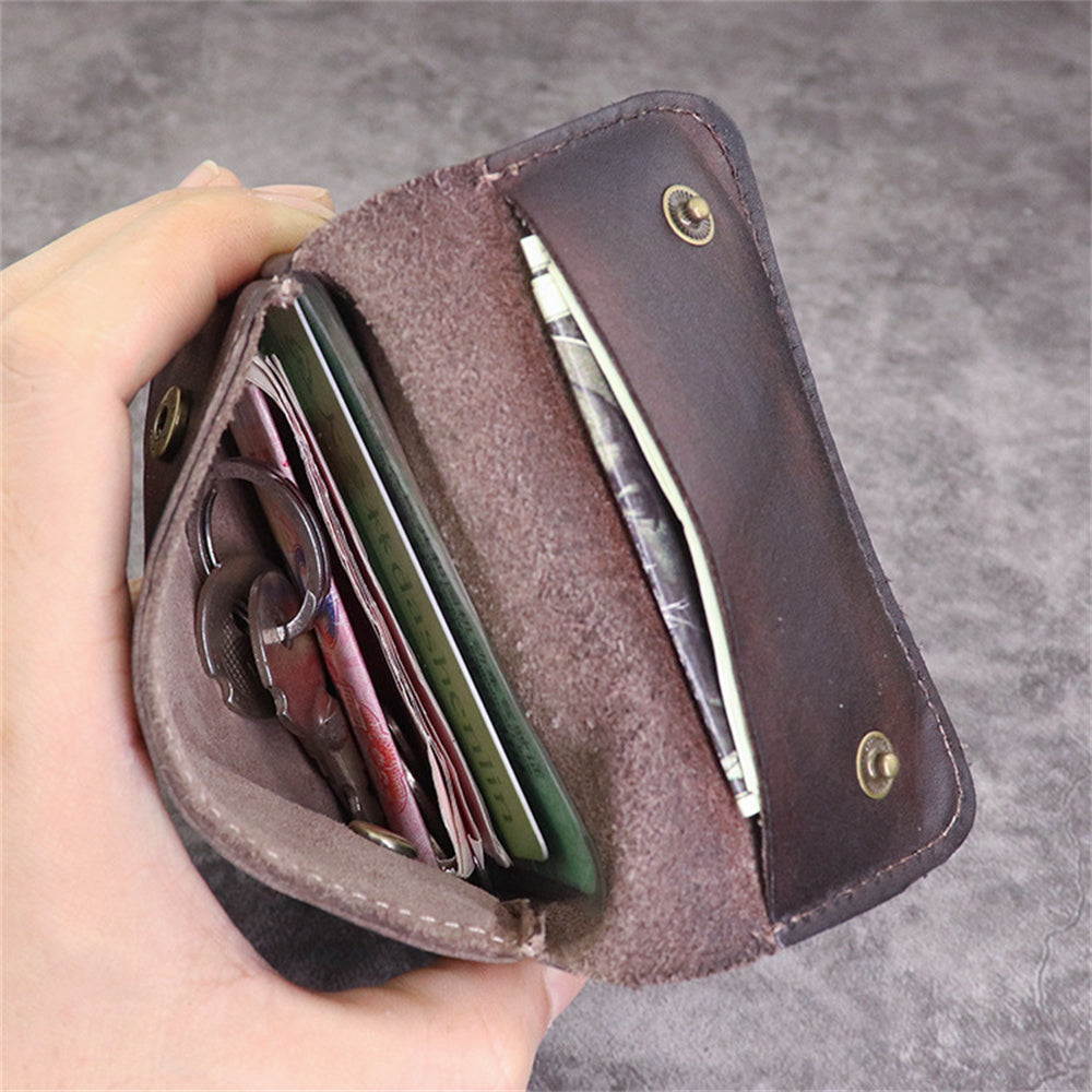 SG633 Vintage Wrinkled Top Layer Cowhide Leather Driver License Keys Holder Card Bag Flap Design Coin Purse
