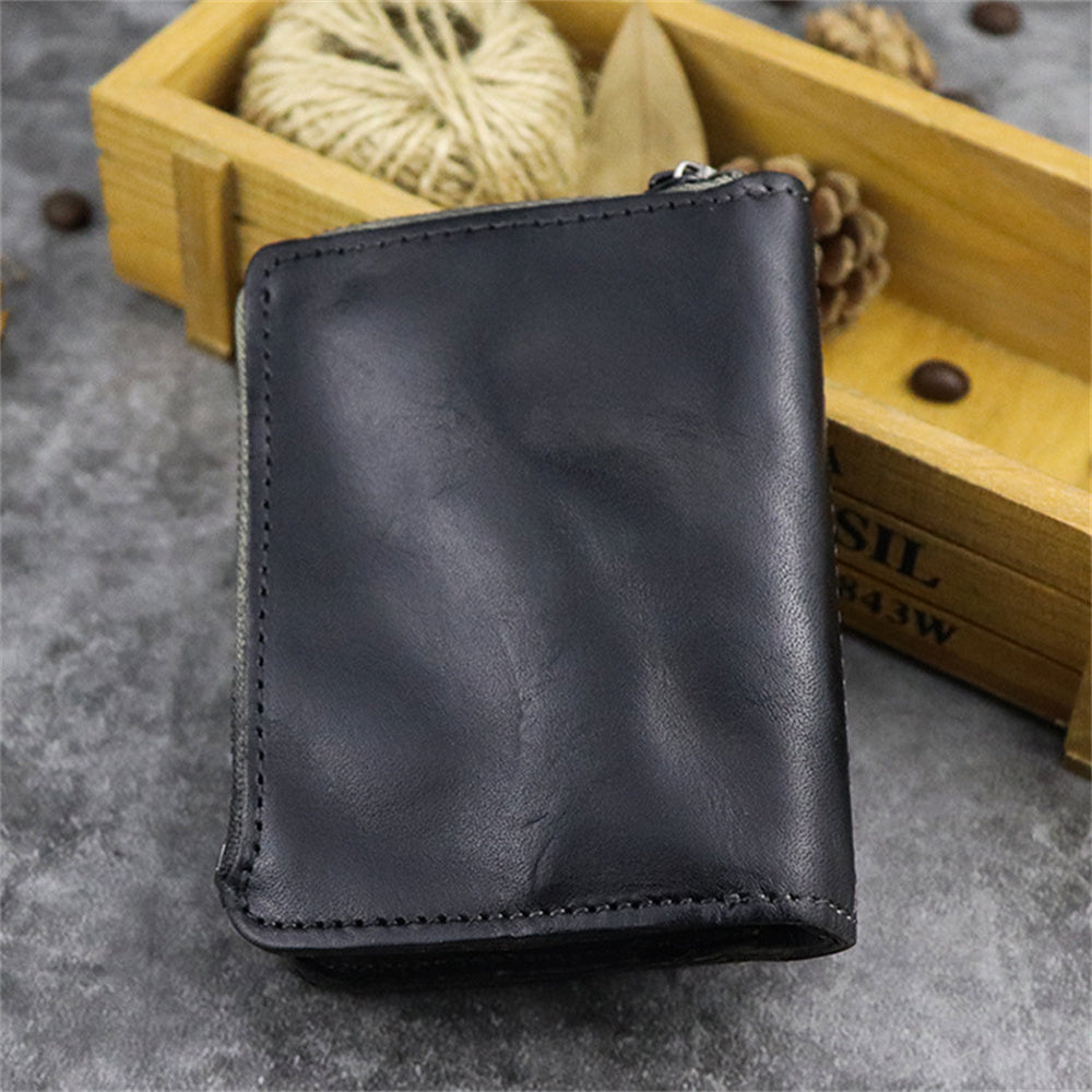SG604 Double Zipper Short Wallet Retro Wrinkled Top Layer Cowhide Leather Bi-fold Card Holder Coin Purse
