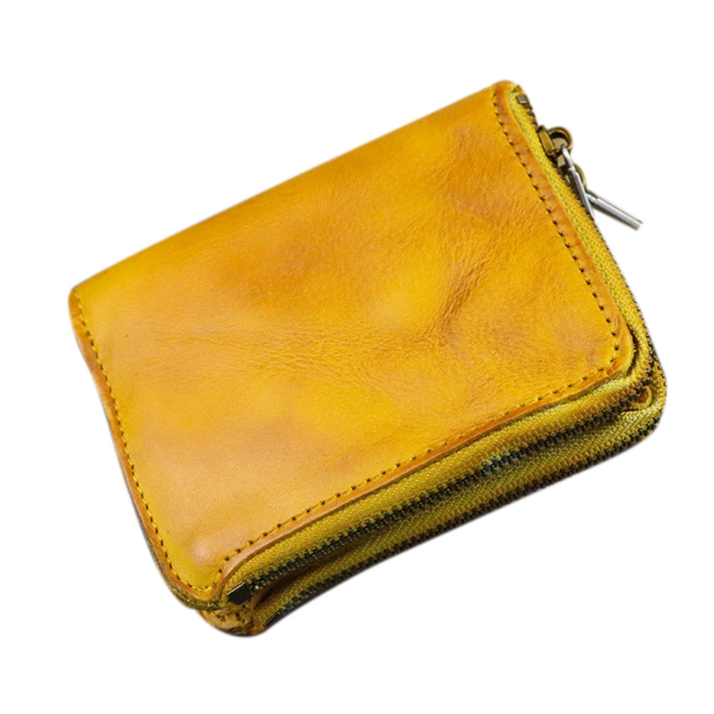 SG604 Double Zipper Short Wallet Retro Wrinkled Top Layer Cowhide Leather Bi-fold Card Holder Coin Purse