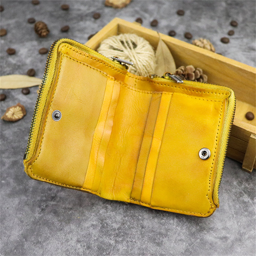 SG604 Double Zipper Short Wallet Retro Wrinkled Top Layer Cowhide Leather Bi-fold Card Holder Coin Purse