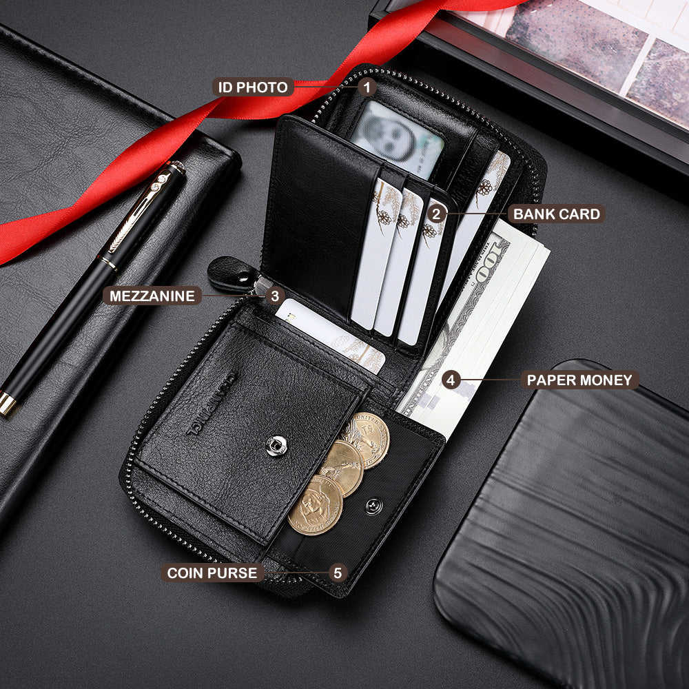 CHANPINCL CLQ375C Genuine Leather Wallet RFID Blocking Card Storage Pouch Cash Money Zipper Carrying Bag