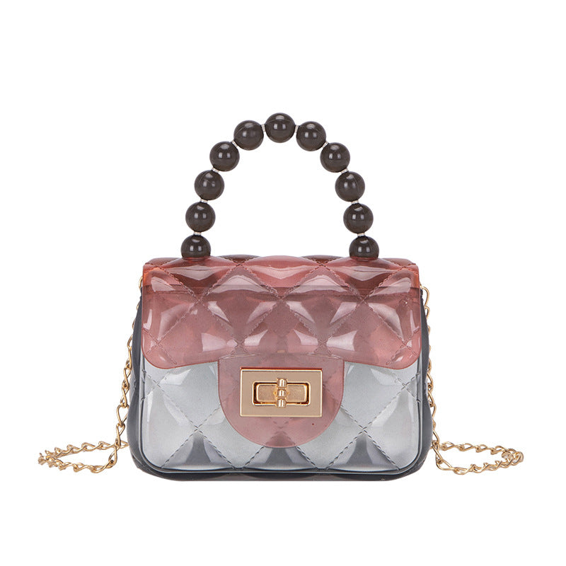 Transparent Shoulder Crossbody Bag Gradient Color Fashion Jelly Purse Small Handbag with Beads Tote Handle