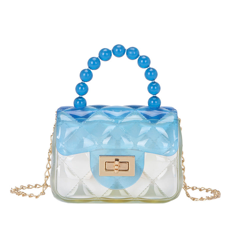 Transparent Shoulder Crossbody Bag Gradient Color Fashion Jelly Purse Small Handbag with Beads Tote Handle