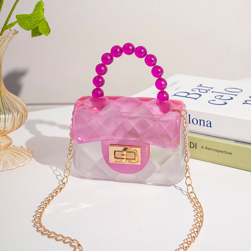 Transparent Shoulder Crossbody Bag Gradient Color Fashion Jelly Purse Small Handbag with Beads Tote Handle