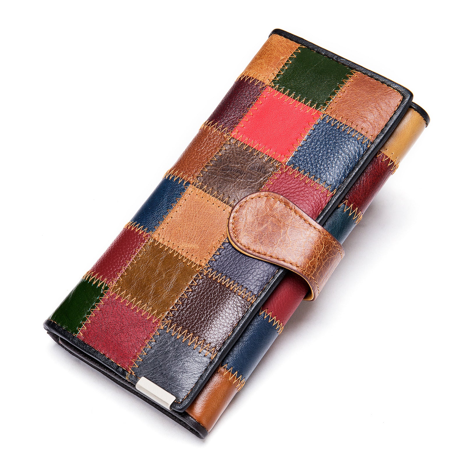 4202 Color Splicing Cellphone Clutch Women Purse Top Layer Cowhide Leather Tri-fold Long Wallet