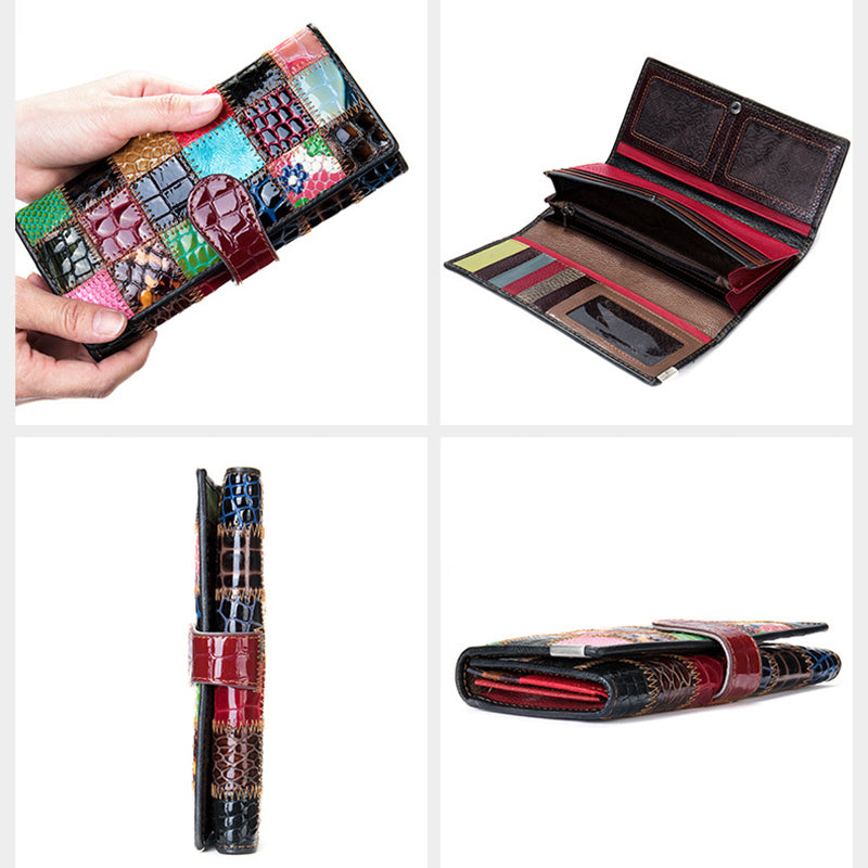 4202 Color Splicing Cellphone Clutch Women Purse Top Layer Cowhide Leather Tri-fold Long Wallet