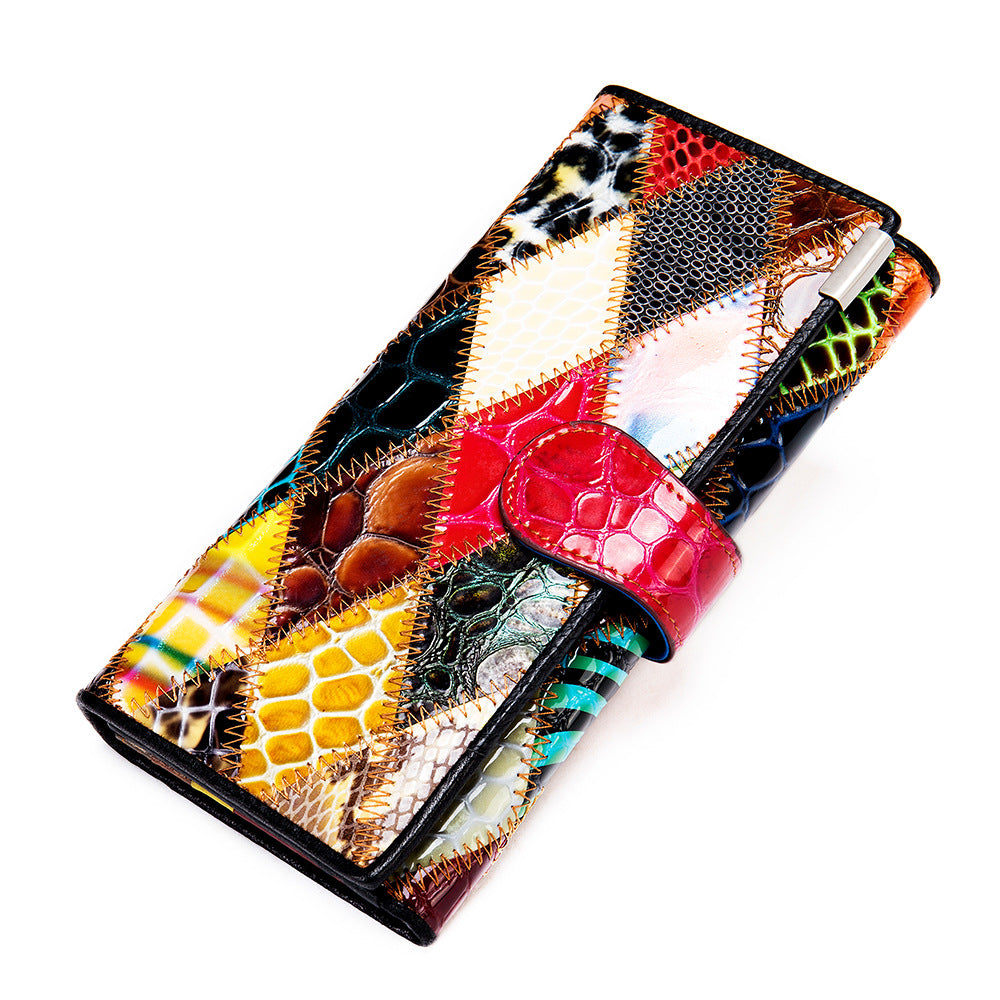 4202 Color Splicing Cellphone Clutch Women Purse Top Layer Cowhide Leather Tri-fold Long Wallet