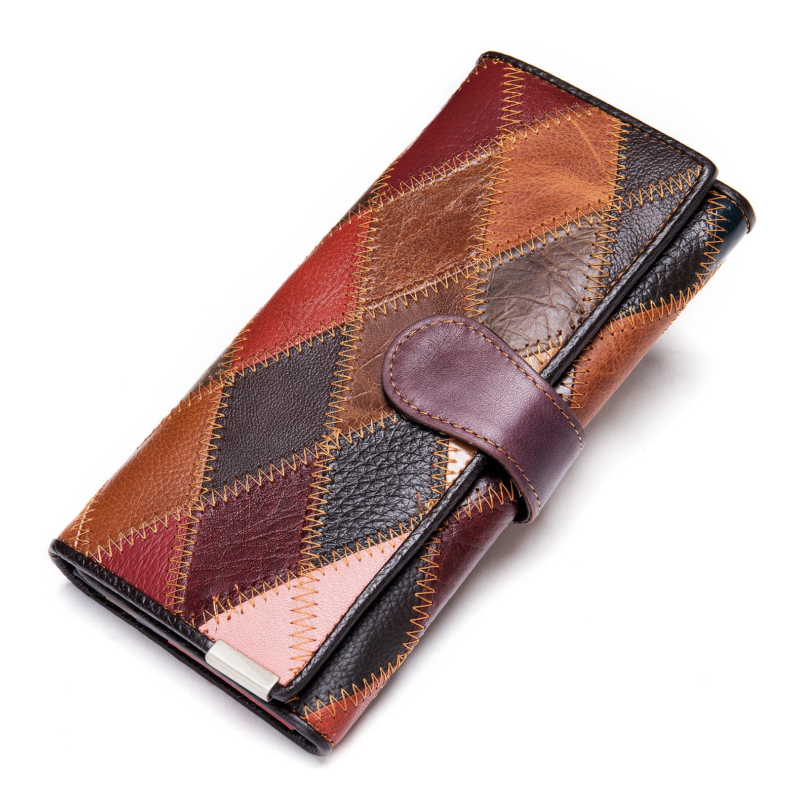 4202 Color Splicing Cellphone Clutch Women Purse Top Layer Cowhide Leather Tri-fold Long Wallet