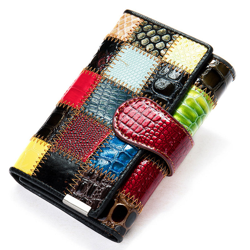 4203 Stylish Women Top Layer Cowhide Leather Wallet Clutch Bag Color Splicing Multi Card Slots Purse