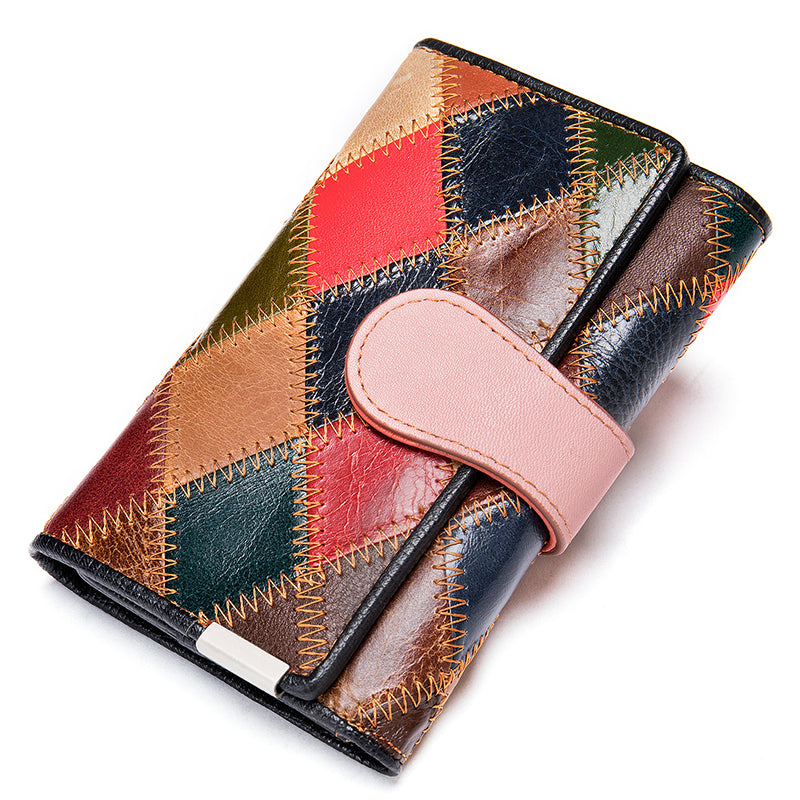 4203 Stylish Women Top Layer Cowhide Leather Wallet Clutch Bag Color Splicing Multi Card Slots Purse