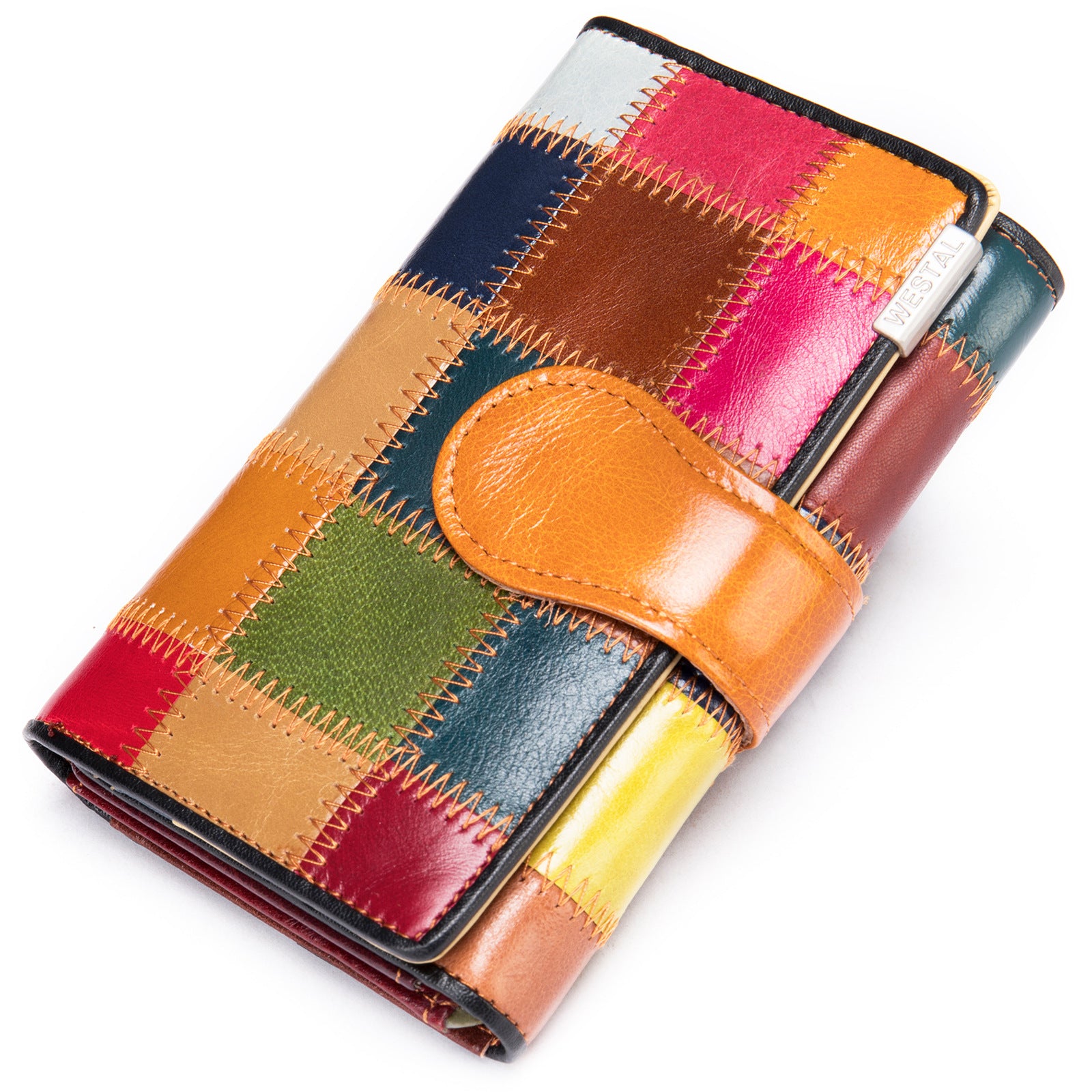 4203 Stylish Women Top Layer Cowhide Leather Wallet Clutch Bag Color Splicing Multi Card Slots Purse